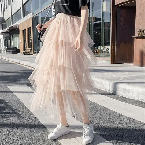 Harajuku Pink Mesh Long Skirts Womens Faldas Elastic Pleated Skirt