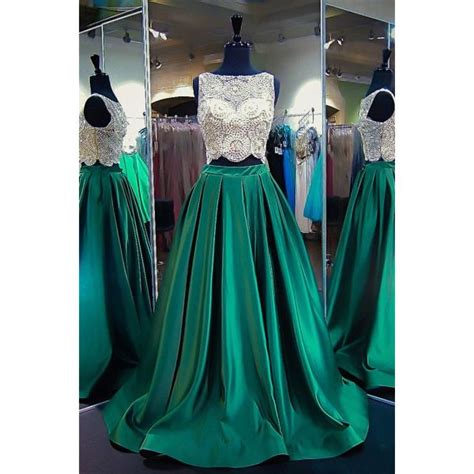 Fantastic A Line High Neck Two Piece Emerald Green Satin Beaded Prom Dress