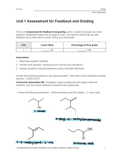 SCH4U Unit 1 Organic Chemistry Unit 1 Assessment Unit 1