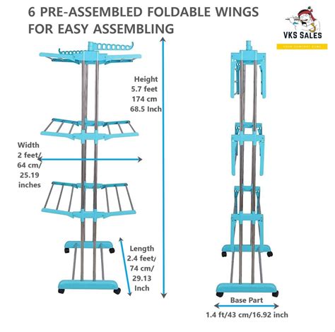 Movable Rack Blue Stainless Steel Heavy Duty 3 Tier Jumbo Cloth Drying