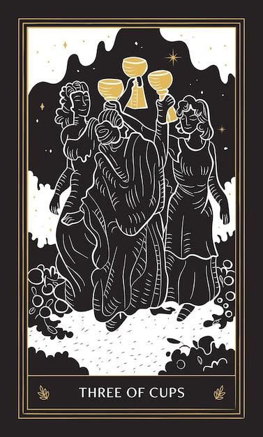 Premium Vector Three Of Cups Tarot Card In Minor Arcana With Black