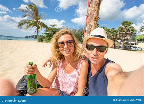 Happy Couple Taking Selfie At Beach Travel Lifestyle Concept Stock