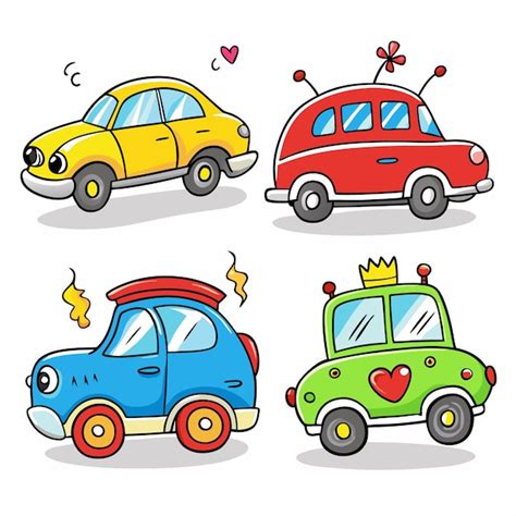 Quatro carros de desenho animado em cores diferentes expressões