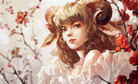 Wallpaper Fantasy Art Anime Red Dress Spring Goats Chibi