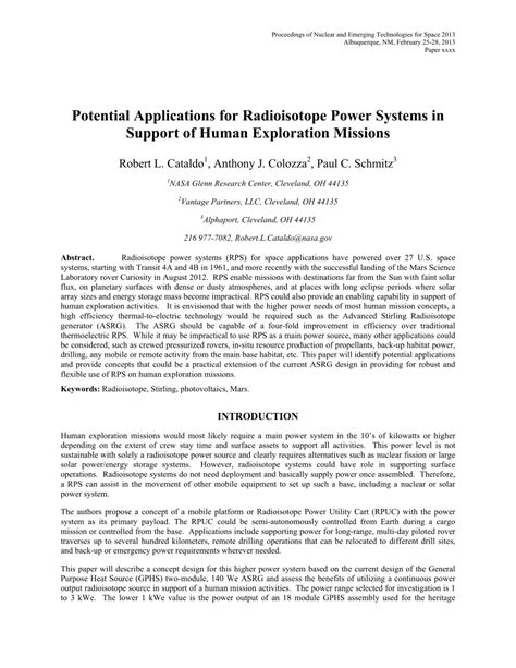 Pdf Potential Applications For Radioisotope Power Systems In Support