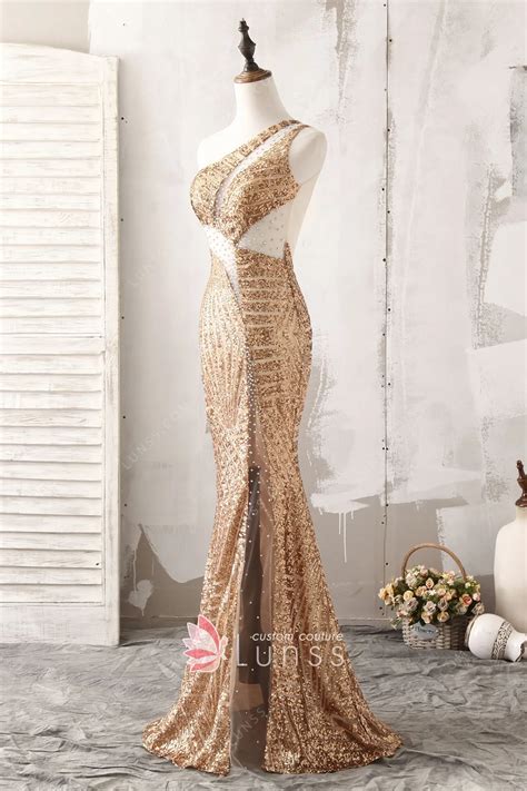 Gold Sequin One Shoulder Beaded Sheer Cut Out Prom Dress Lunss