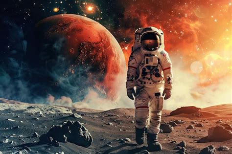 El hombre del espacio camina en el planeta rojo Marte Misión espacial