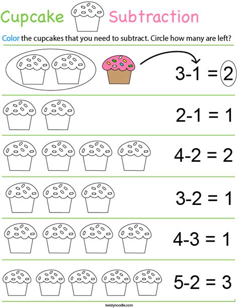 Preschool Math Cupcake Subtraction Math Worksheet Twisty Noodle