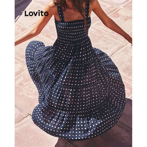 Lovito Women Casual Polka Dot Tiered Layer Smocked Dress LNE27160