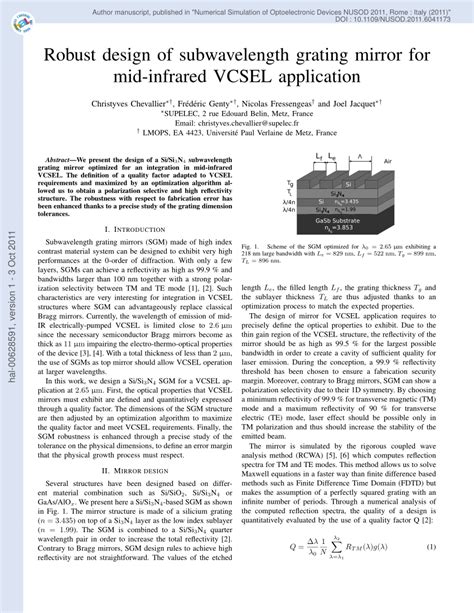 Pdf Robust Design Of Subwavelength Grating Mirror For Mid Infrared