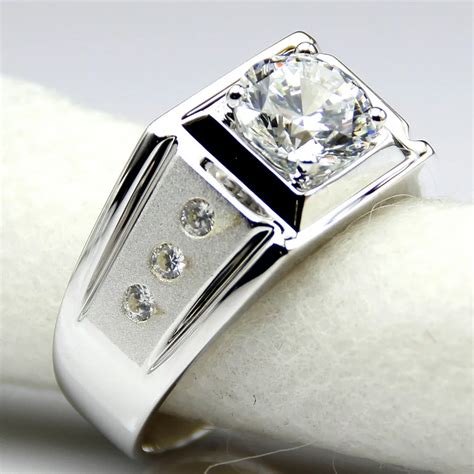 Diamond Men Ring Center 2 Carat Simulated Diamond Engagement Ring For Men Sterling Silver White ...