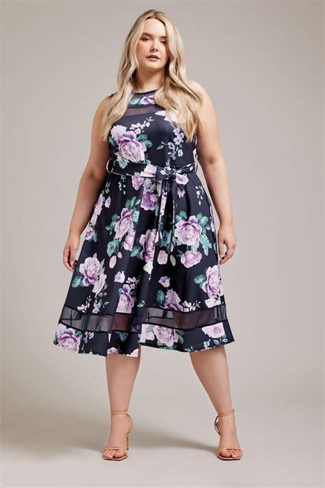 Yours London Plus Size Navy Blue Floral Skater Dress Yours Clothing