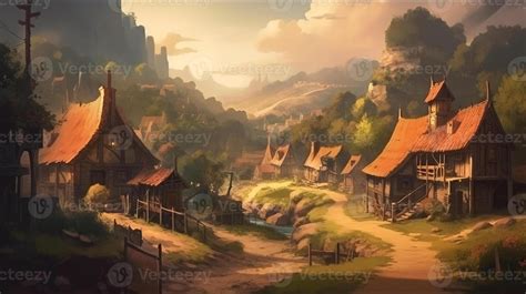 Village Fantasy Backdrop Concept Art Realistic Illustration Background with Generative AI ...