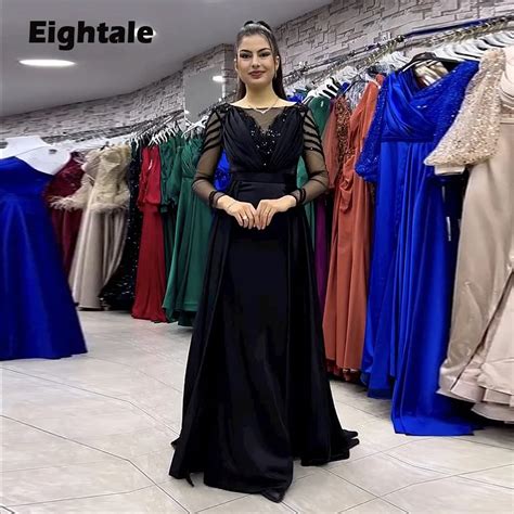 Eightale Navy Blue Evening Dress For Wedding Party Beaded Satin Long