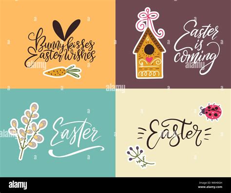 Handdrawn Easter Cards With Cute Illustrations Handwritten Lettering Postcards Stock Vector