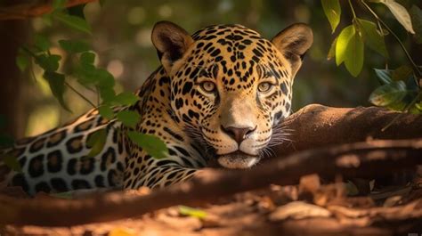 自然の生息地で美しく絶滅危惧種のアメリカジャガー パンテーラ オンカ 野生ブラジル ブラジルの野生動物 パンタナール グリーン 生成 Ai