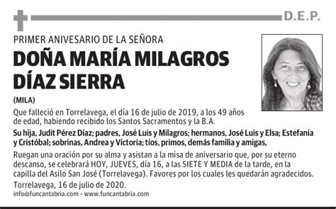 Do A Mar A Milagros D Az Sierra Esquela El Diario Monta S