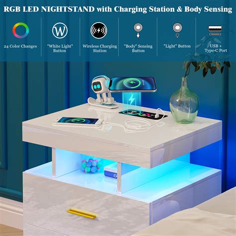 Woovivs White Nightstand With Usb Wireless Charging Station High Gloss