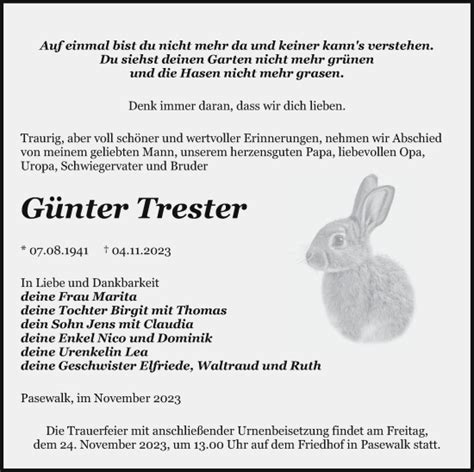 Traueranzeigen von Günter Trester Trauer Nordkurier