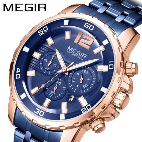 Megir Bleu Bronze Montre Chronographe Quartz Pour Homme Lhmiza