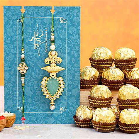 Ornamental Leaf Lumba Rakhi Set With 12 Pcs Ferrero Rocher Usa Gift