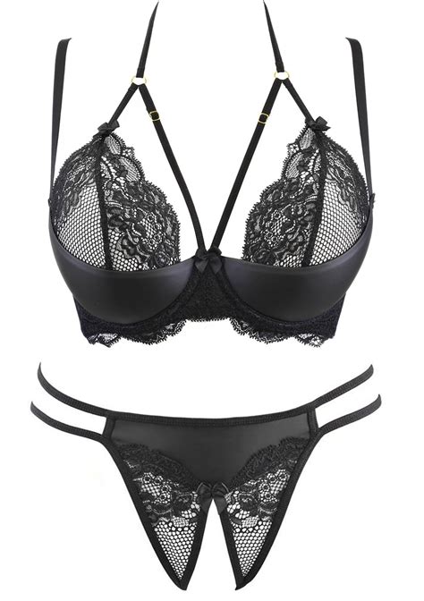 Crotchless Faux Leather And Lace Open Cup Bra Set Lingerie Seduction