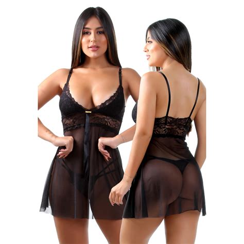 Camisola Sex Sem Bojo Em Renda E Tule Transparente Preta Tanga Fio