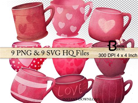 Coffee Cups Clip Art Cup Of Tea Png Mugs With Hearts Hand Etsy