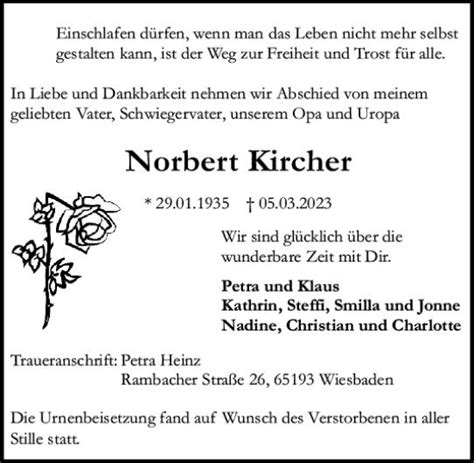 Traueranzeigen Von Norbert Kircher Vrm Trauer De