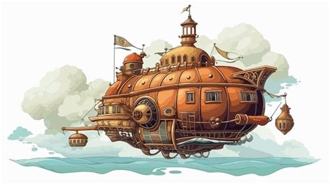 Fantasy Airship In Steampunk Style Flies Through The Sky Premium Ai