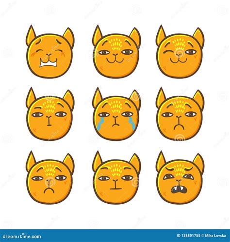 Ajuste Dos Emoticons Do Gato Do Vetor Na Linha Estilo Emoji Bonito Do