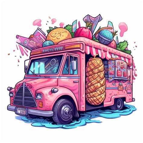 Premium Photo Illustration Of A Pink Ice Cream Truck With A Lot Of