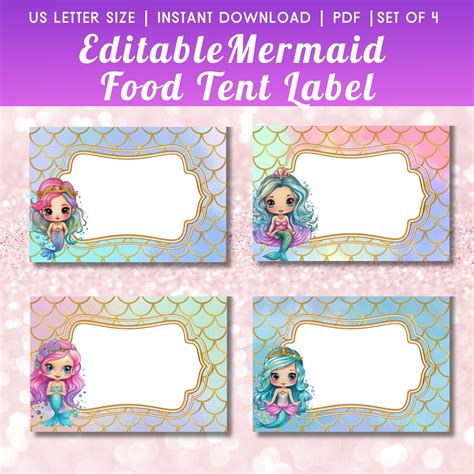 Editable Mermaid Party Food Label Mermaid Blank Food Tent Etsy