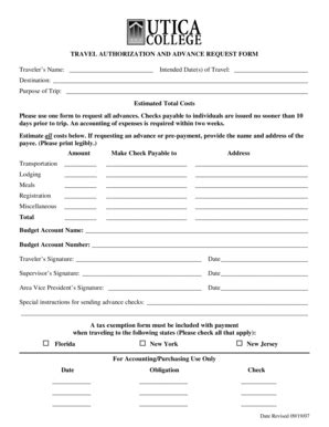 Fillable Online Utica Travel Authorization And Advance Request Form