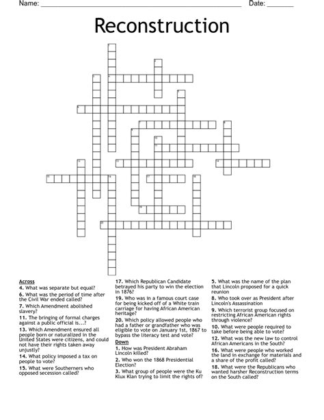 Reconstruction Crossword Wordmint