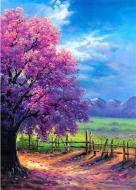 5D Diamond Painting Pink Blossom Tree by the Fence Kit - Bonanza Marketplace