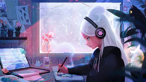 Lofi Chill Anime Girl 4K #1144a Wallpaper PC Desktop