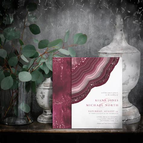 Agate Geode Glitter Wedding Burgundy Id Invitation Zazzle