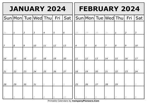 2024 Printable Calendar January February Jan 2024 Calendar