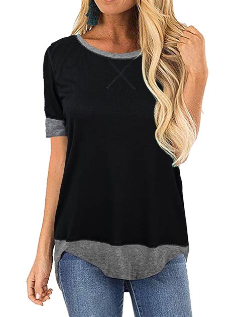 Shibever Summer Short Sleeve Tops For Women Loose Casual Color Block