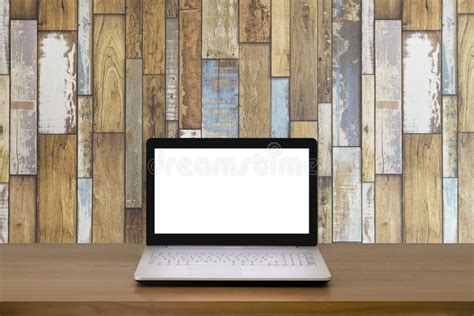 Mock Up Laptop With Blank Screen On Wooden Table With Modern Interior