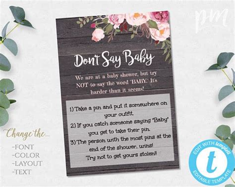 Don T Say Baby Game Template Rustic Floral Baby Shower Game Clothes Pin