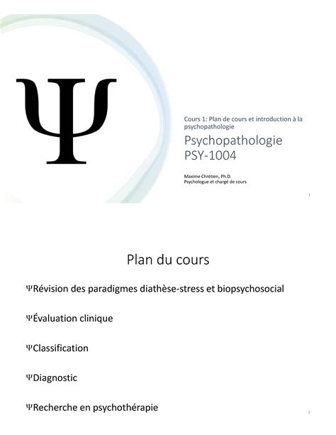 Cours 2 PSY 1004 révision Psychopathologie PSY Cours 1 Plan de