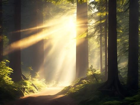 Premium AI Image | A peaceful forest scene with rays of sunlight streaming through the trees