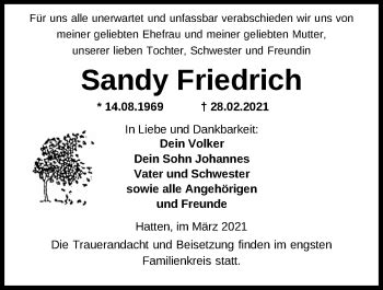 Traueranzeigen Von Sandy Friedrich Nordwest Trauer De