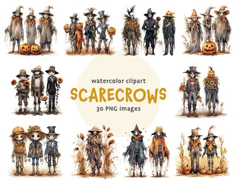 Watercolor Scarecrows Clipart Halloween Clipart Scarecrows Etsy