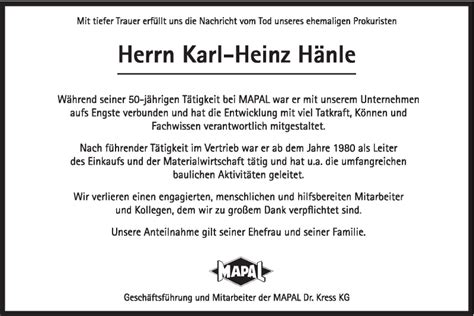 Traueranzeigen von Karl Heinz Hänle OstalbTrauer