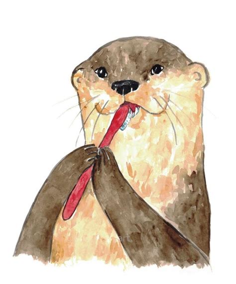 Otter Brushing Teeth Bath Watercolor Painting Print Art Etsy