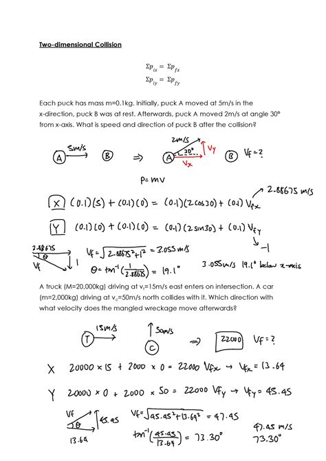 Unit 4 Momentum Notes 2 worksheet Two dimensional Collision Σ𝑝 𝑖𝑥