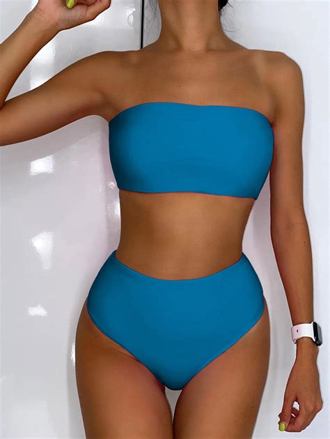 Zaful High Waisted Bandeau Bikini Set In Blueberry Blue Zaful